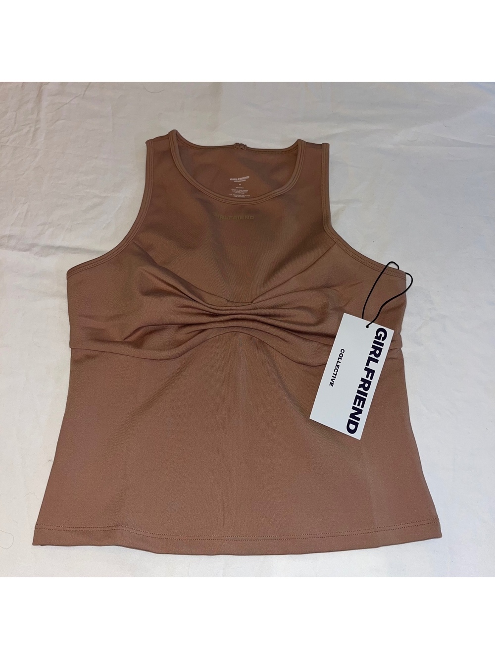 NWT Girlfriend Collective Quinn Tank Top Earth Brown Ruched Twist Med High Neck
